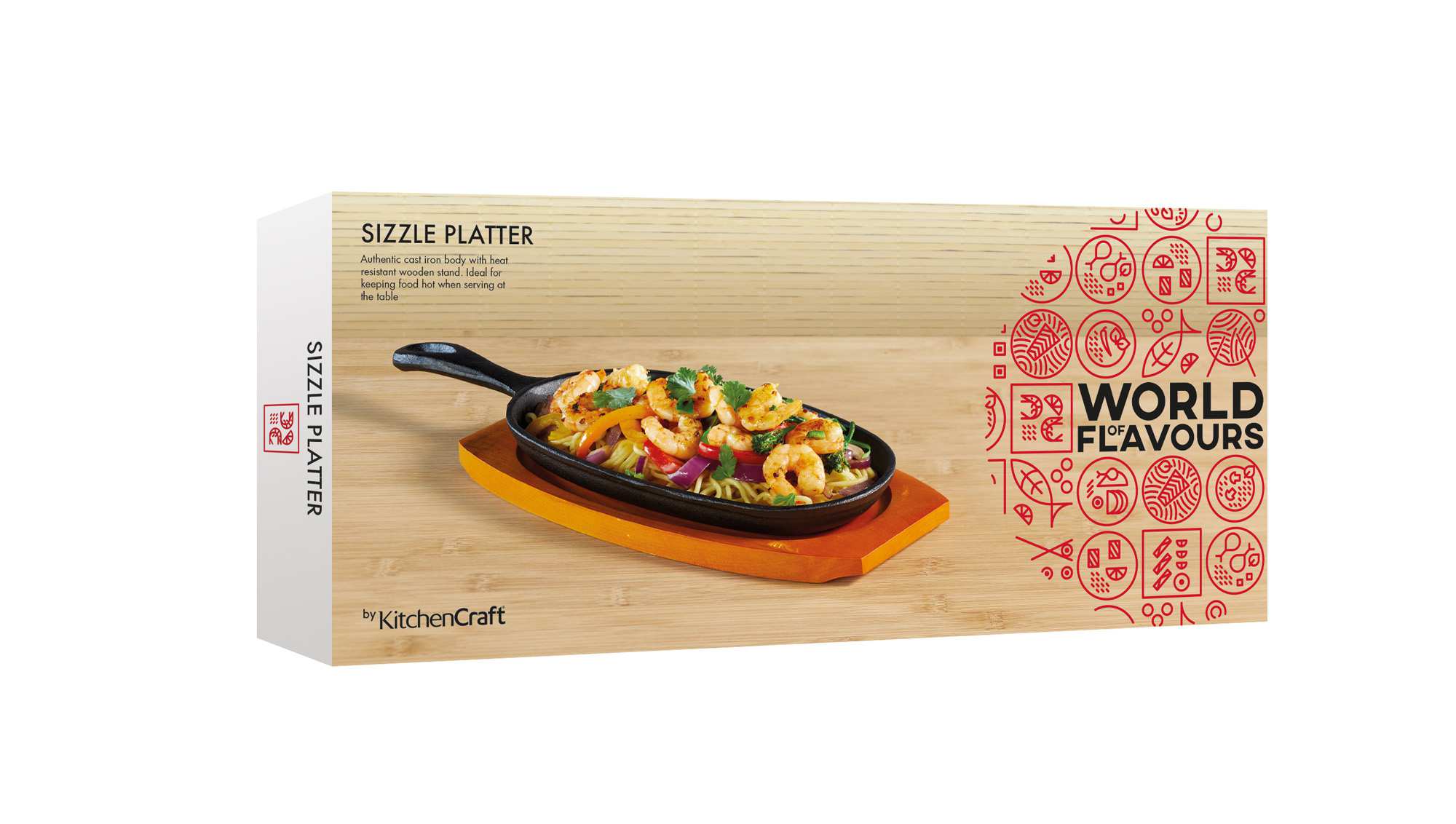 Iron Sizzle Platter Wooden Board KitchenCraft Oriental