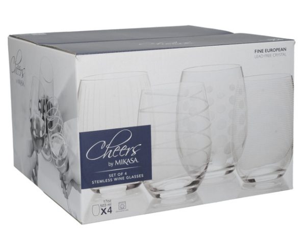 Copas de vino sin tallo de cristal grabado Mikasa Cheers - 4 piezas.