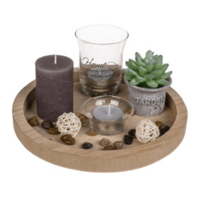 Out of the Blue Round Wooden Plate with 2 Tealight Holders