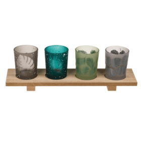 Out of the Blue Houten Bord met 4 Theelichtjes Tropical Leave